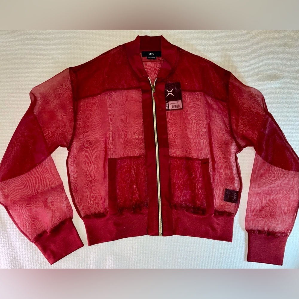 GSTQ (God Save The Queen) sheer bomber jacket in Port (red wine) / size large - Picture 13 of 13